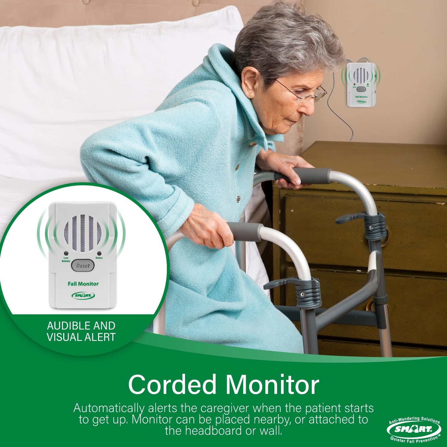 Smart Caregiver FallGuard Bed Exit Alert for Seniors Fall Prevention - Bed Alarm with 10"x30" Weight Sensing Bed Pad for Elderly - Automatically Alerts Caregiver When They Get Up
