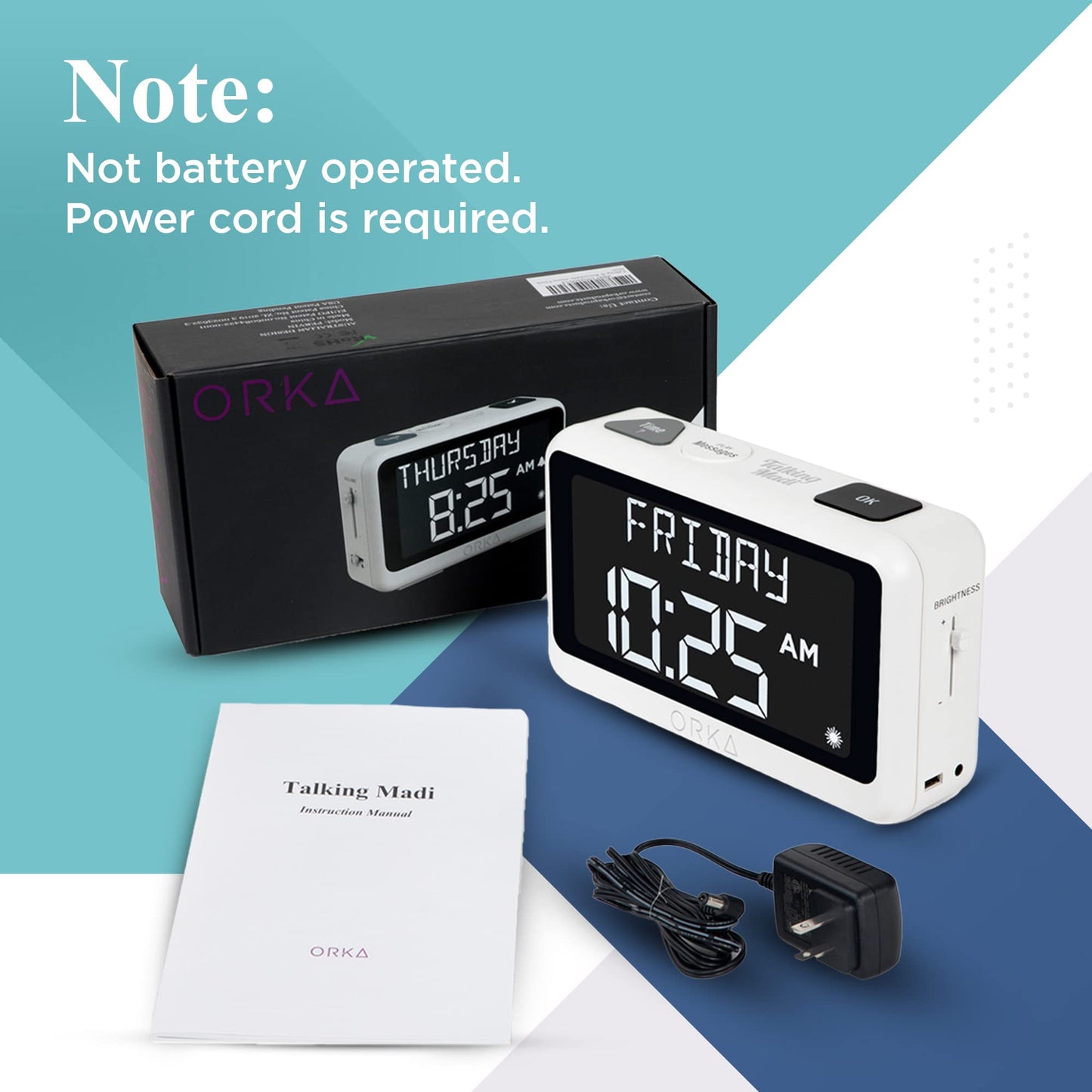 ORKA Talking Clock. Voice Recordable Ex Large Medication Pill Reminder. Talking Alarm Clock for Dementia, Hearing, Visually impaired Seniors-Digital Day Clock with Multiple Customized Alarms White