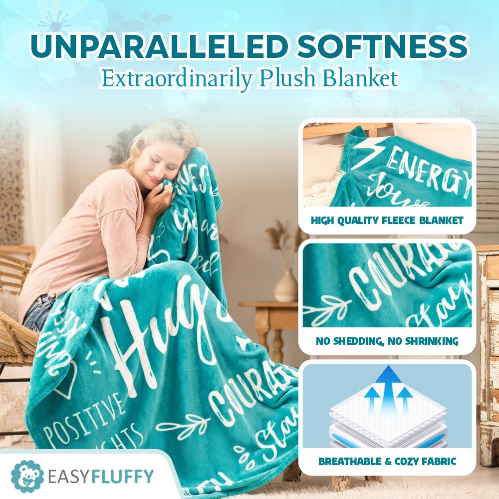 EasyFluffy Get Well Gift for Women & Men - Super Soft Hug Blanket with Inspirational Words - Healing Blanket Care Package Comforting Gift for Cancer Patients & Others During Hard Times - 50"x60", Teal