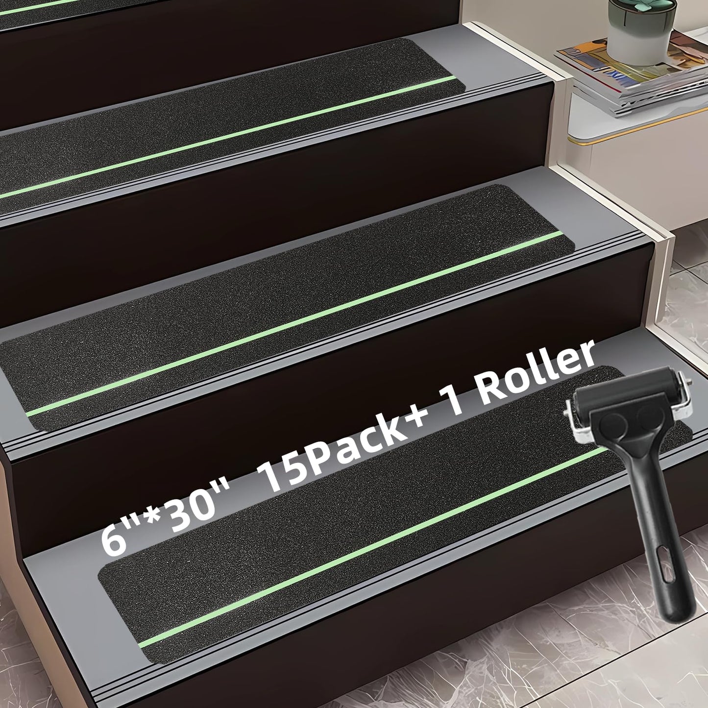 ROMROL 15-Pack Anti Slip Tape 6"×30", Indoor & Outdoor Stair Treads Non Slip, Glow in Dark Non Skid Tape/Stair Grips Tape with Roller - Heavy Duty Traction Adhesive for Steps, Staircase, Deck