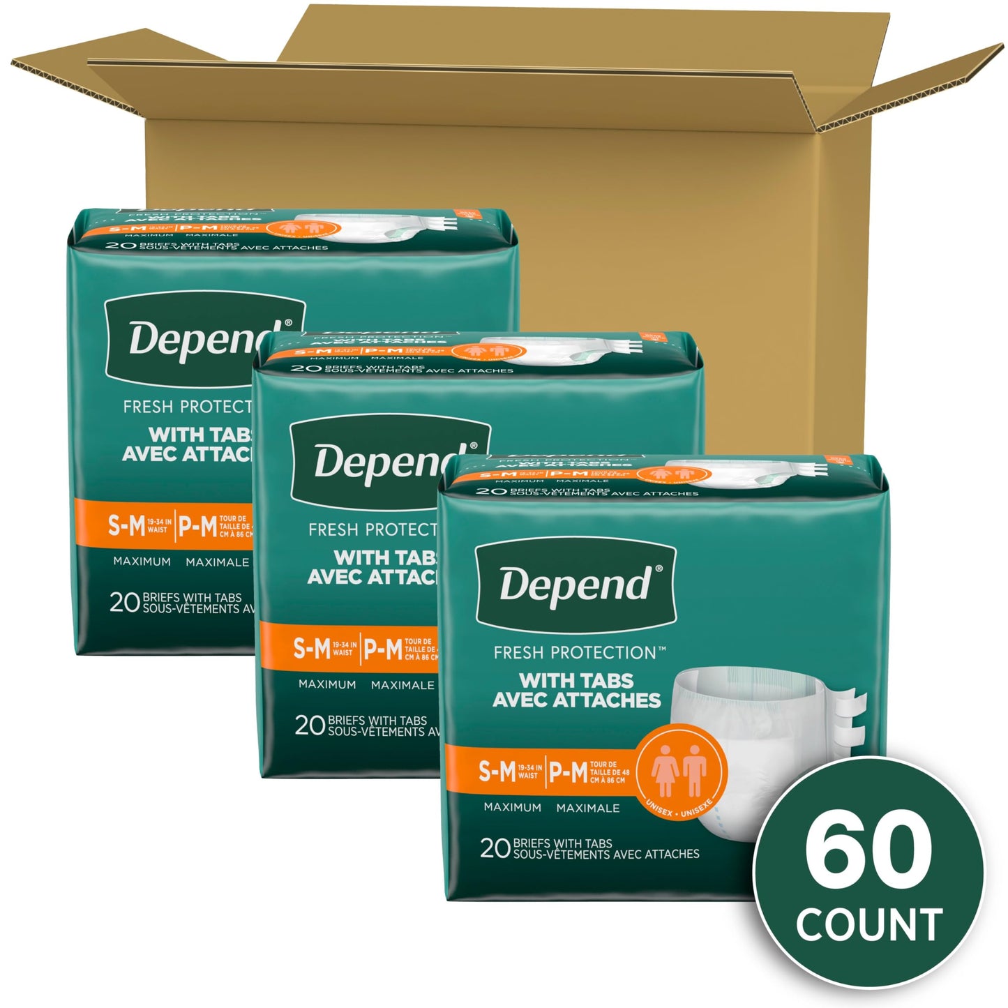 Depend Incontinence Protection with Tabs, Unisex, Small/Medium (19–34" Waist, Up To 170 lbs), Maximum Absorbency, 60 Count (3 Packs of 20)