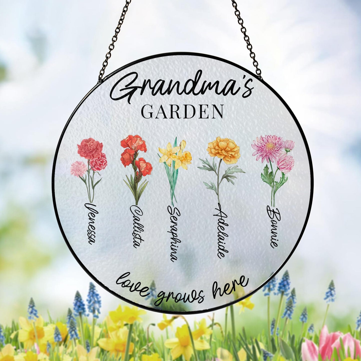 Fastpeace Personalized for Grandma - Grandma's Garden Window Hanging Suncatcher - Birth Month Flowers Garden Gift for Mom, Grandma - Mother's Day, Birthday Gift (Grandma's Garden)