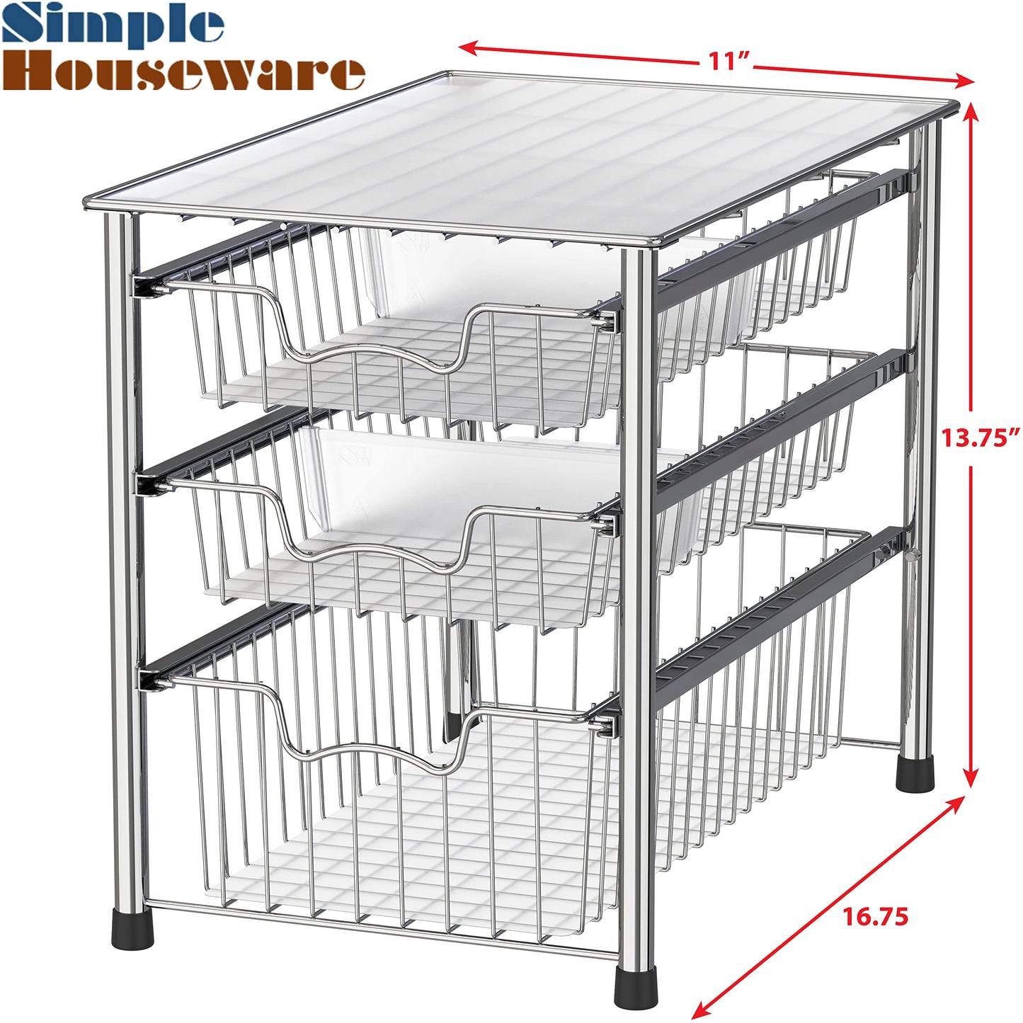 Simple Houseware Stackable 3 Tier Sliding Basket Organizer Drawer, Chrome