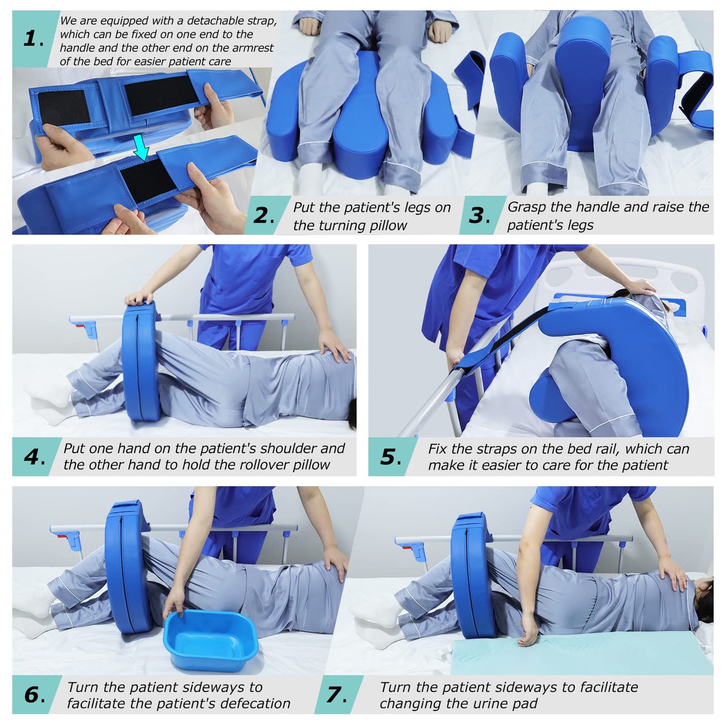 YHK Patient Turning Device, Prevent Muscle Atrophy Elderly with Removable Straps U-Shaped Multifunctional Turning Pillow, Bedridden Nursing Supplies for The Elderly(Dark Blue Straps)