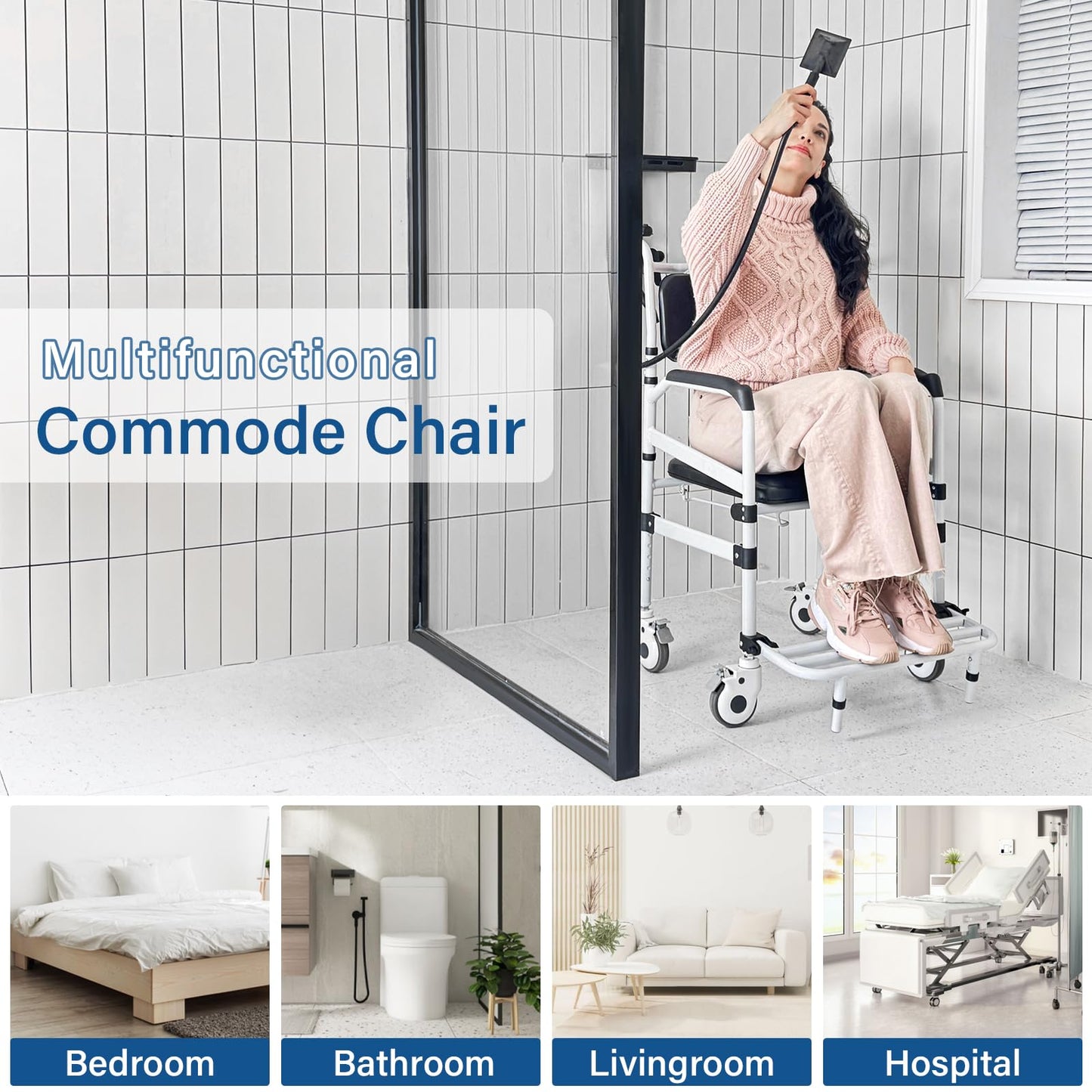 Rolling Shower Chair with Handles Arms, Bedside Commode Chair with Wheels