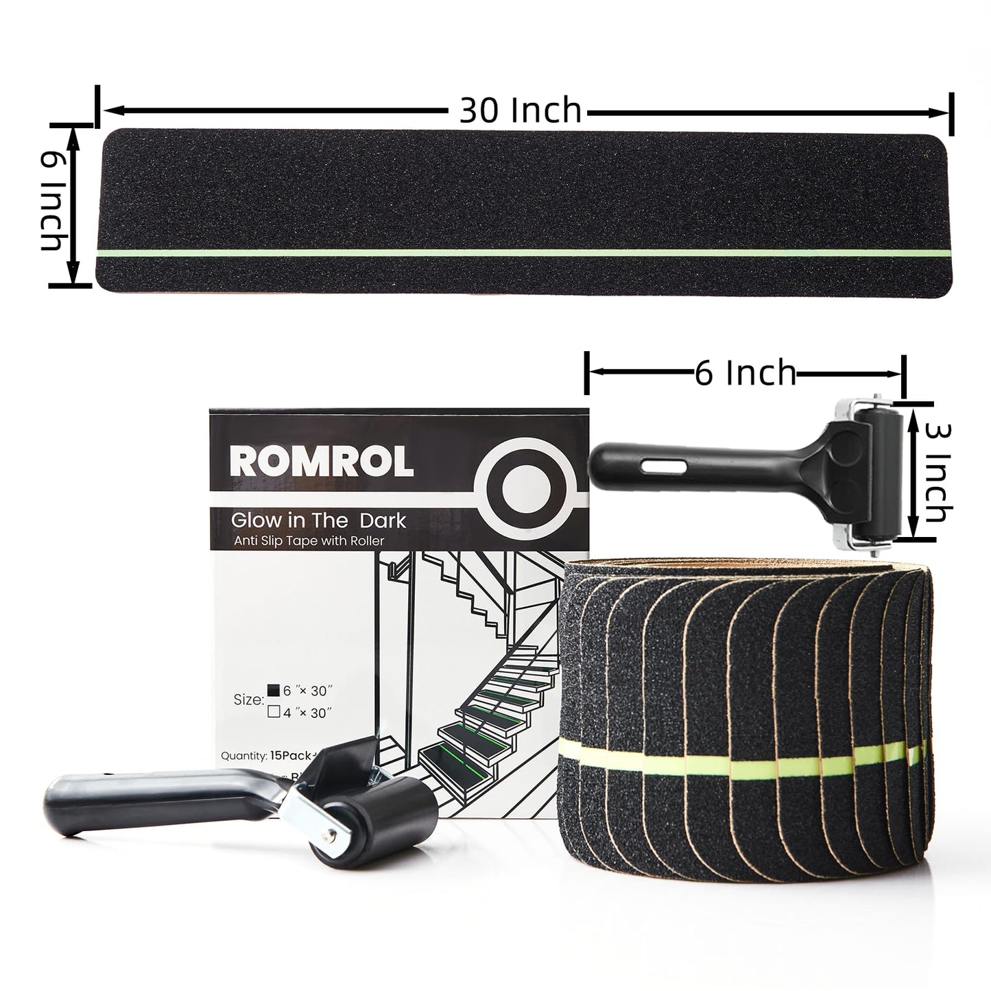 ROMROL 15-Pack Anti Slip Tape 6"×30", Indoor & Outdoor Stair Treads Non Slip, Glow in Dark Non Skid Tape/Stair Grips Tape with Roller - Heavy Duty Traction Adhesive for Steps, Staircase, Deck