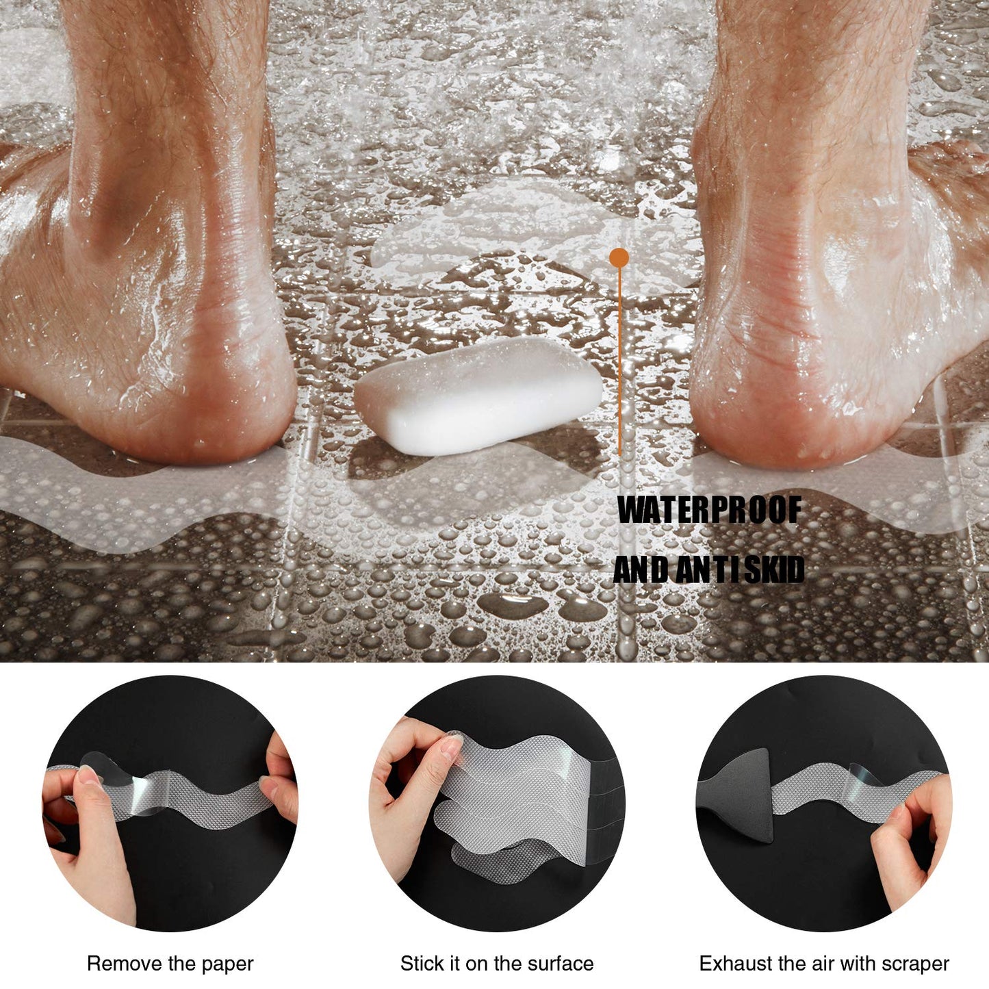 Secopad USA Patented Anti Slip Shower Stickers 24 PCS Safety Bathtub Strips Adhesive Decals with Premium Scraper for Bath Tub Shower Stairs