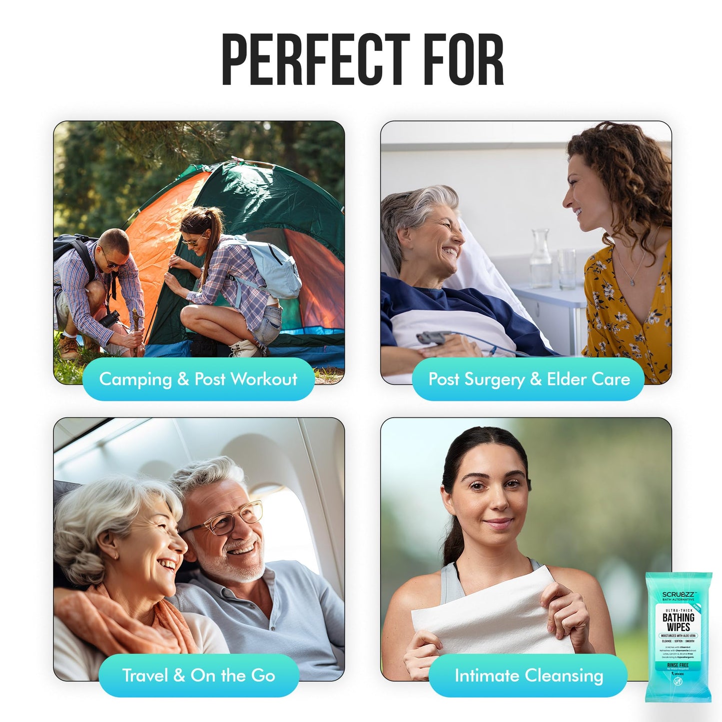 Extra Large Bath Wipes for Adults Bathing No Rinse - 80 Disposable Body Cleansing Wipes for Men, Women & Elderly - Great for Gym, Camping, Post Surgery - Shower Wipes