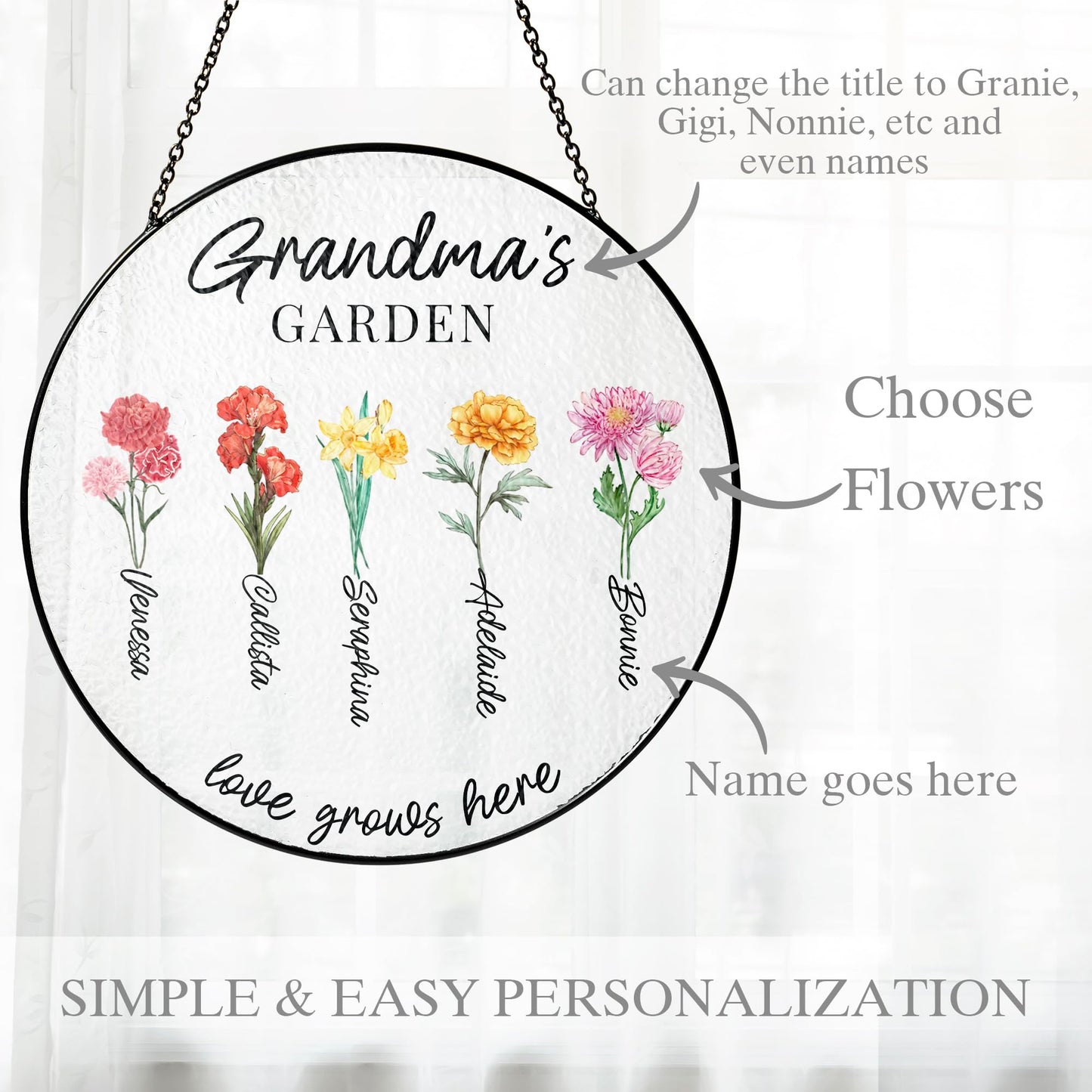Fastpeace Personalized for Grandma - Grandma's Garden Window Hanging Suncatcher - Birth Month Flowers Garden Gift for Mom, Grandma - Mother's Day, Birthday Gift (Grandma's Garden)