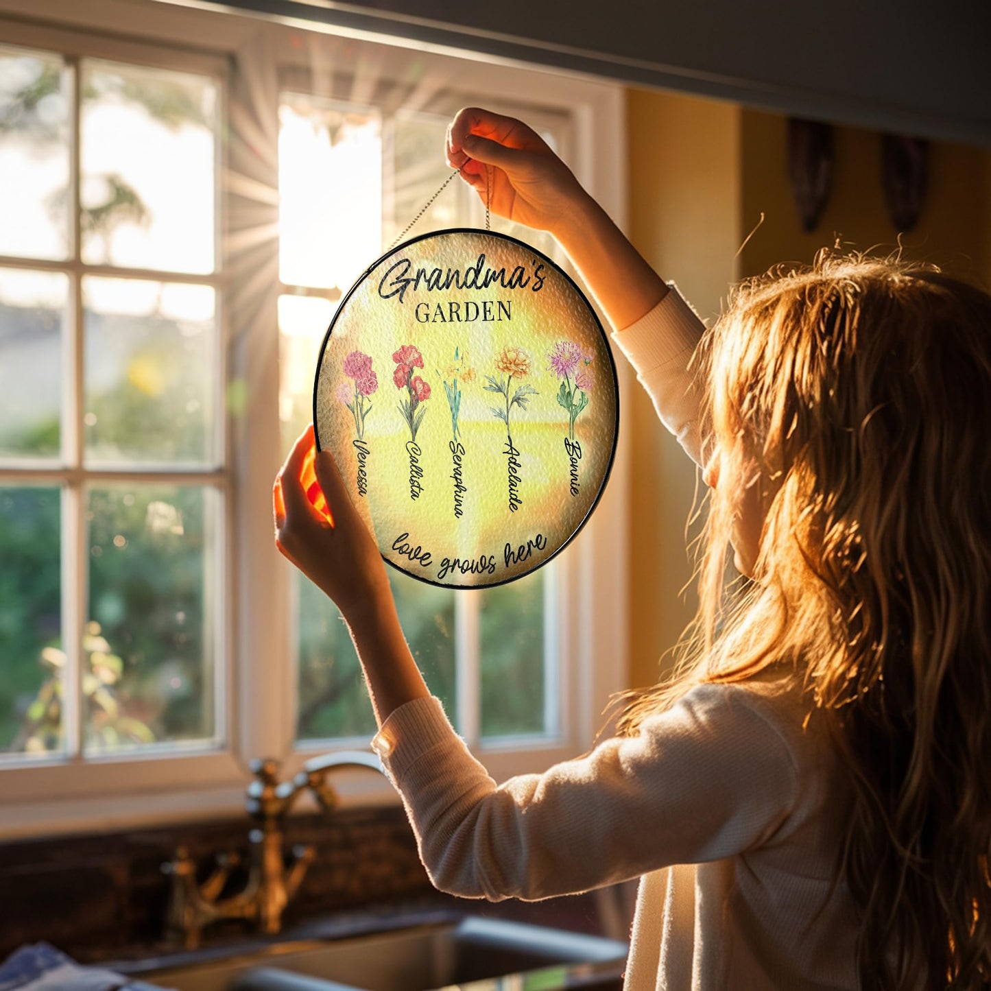 Fastpeace Personalized for Grandma - Grandma's Garden Window Hanging Suncatcher - Birth Month Flowers Garden Gift for Mom, Grandma - Mother's Day, Birthday Gift (Grandma's Garden)