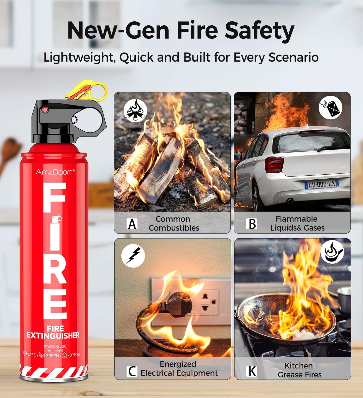 Fire Extinguisher Emergency Survival Kits with Installation Bracket,1pack,erosol,Water-Based A, B, C, K Extinguisher with 6-Year Warranty and Easy Storage.MSWJ-500C.