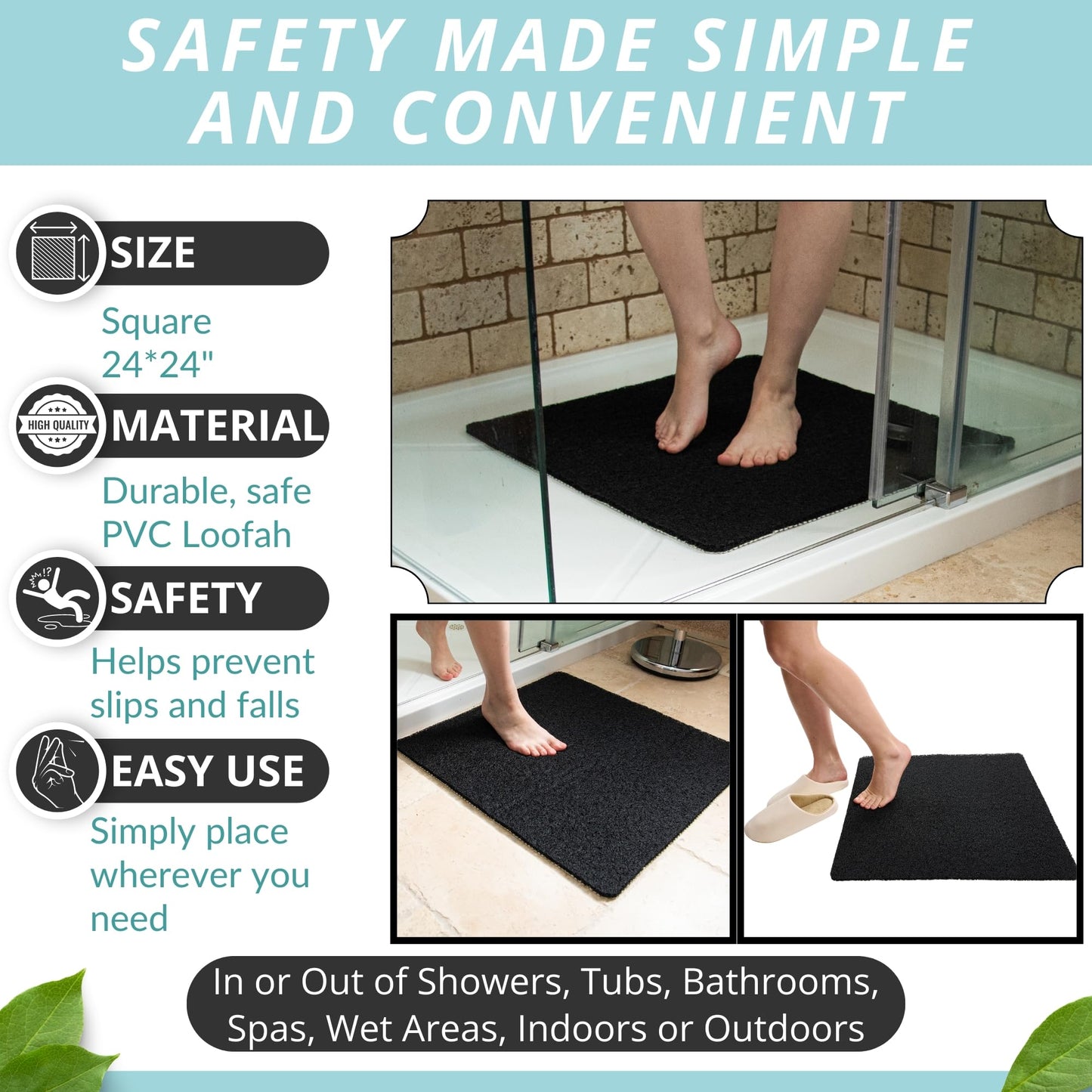 Enkosi Loofah Shower Mat Non-Slip - Anti-Slip Bath Mat for Inside Showers, Tub, Bathtub, Bathroom - Quick Dry PVC with Drain Holes - Cushioned Safety Grip - Secure for Kids and Elderly (Black 24x24)