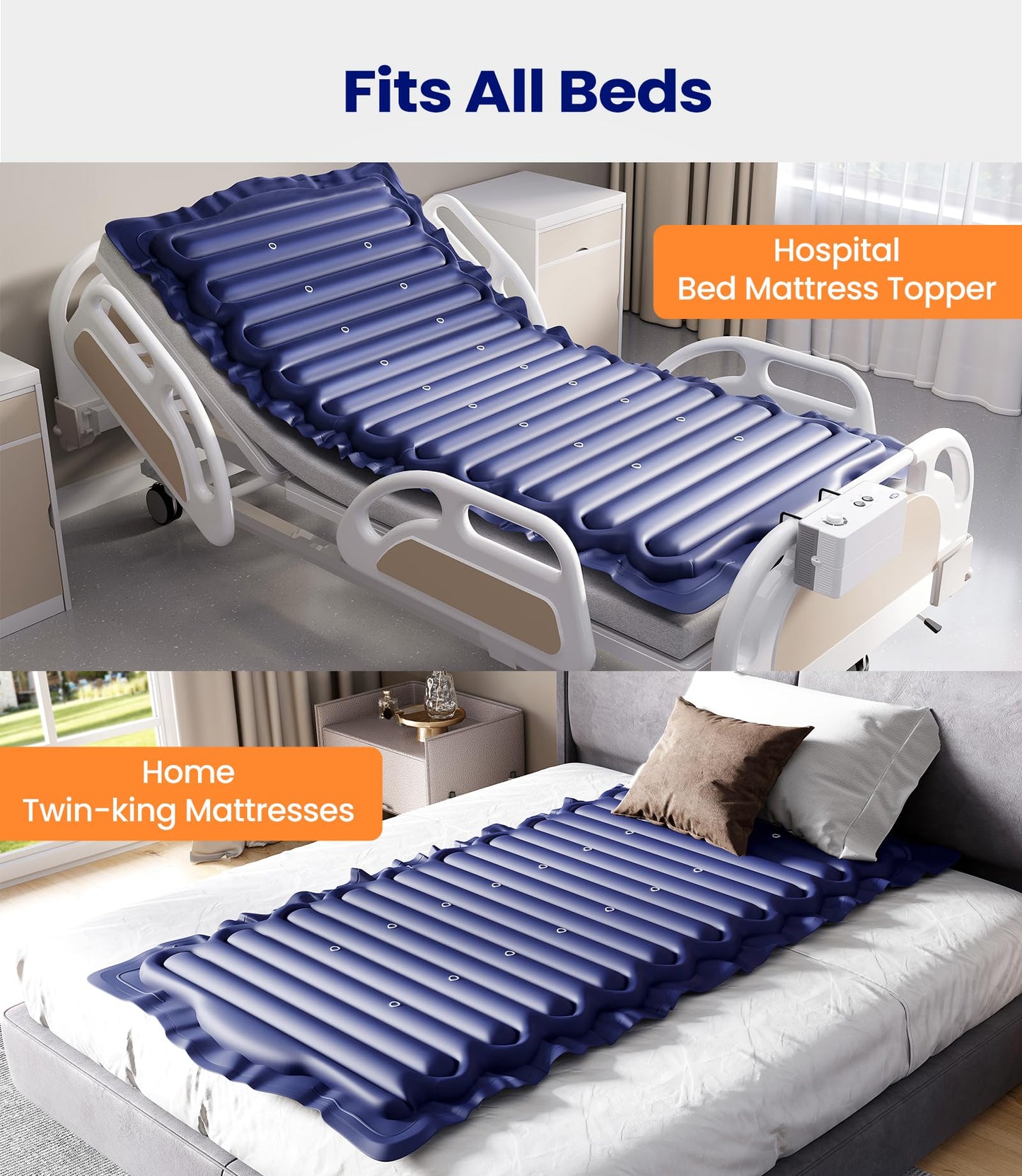 VOCIC Alternating Air Pressure Mattress Pad, Bed Sore Prevention Solution Mattress Topper with 6-Setting Pump, Waterproof Pressure Ulcer Cushion Pad for Hospital Beds and Home (S12VA, Blue)