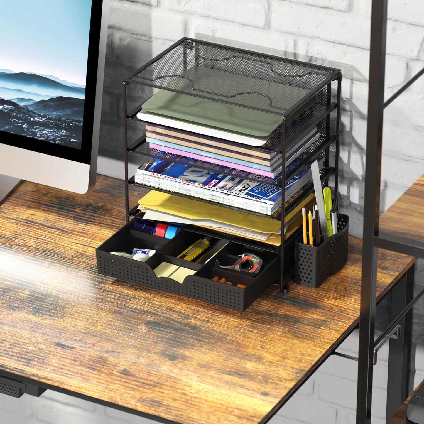 Simple Houseware 5-Tier Document File Tray with Supplies Sliding Drawer and Pen Bucket, Black