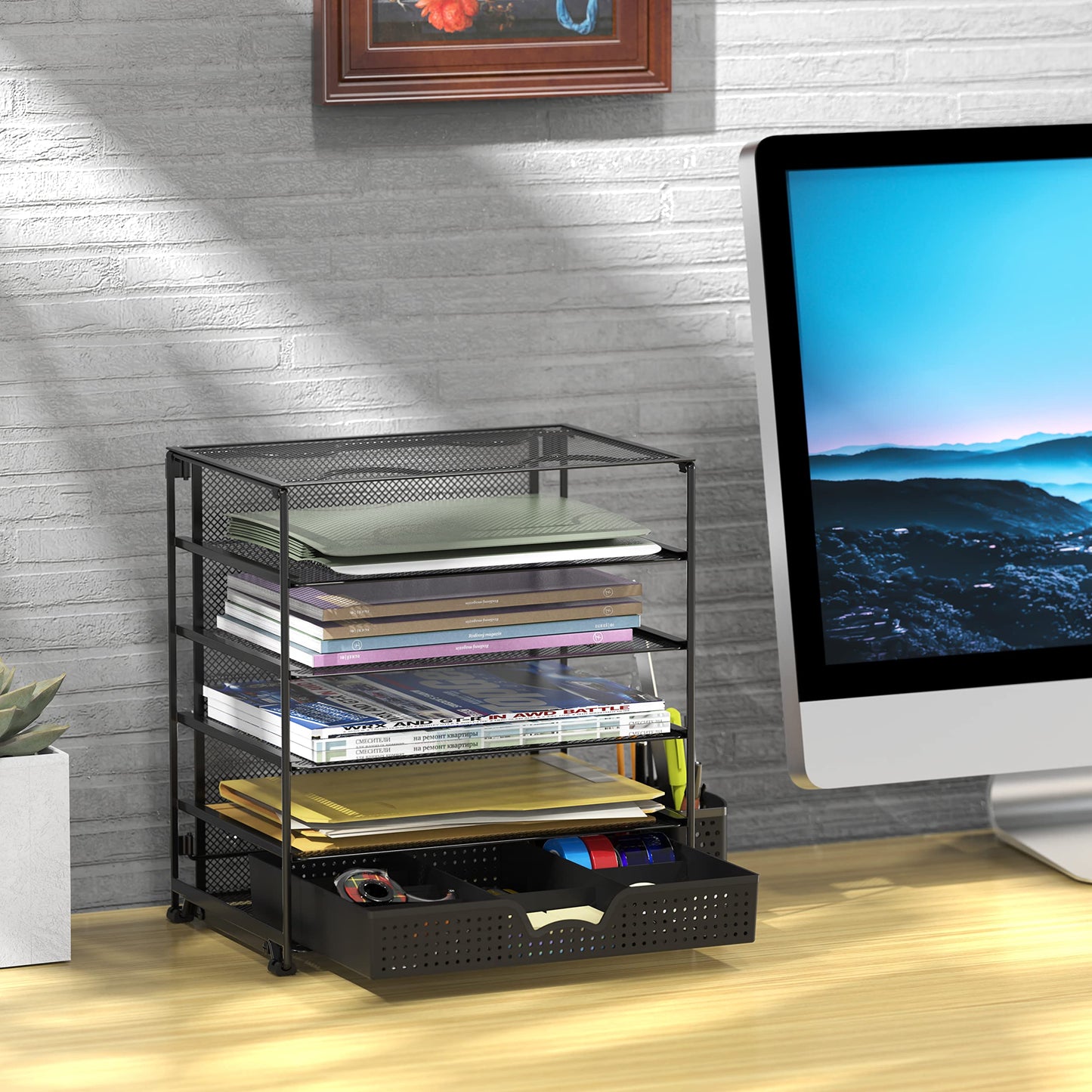 Simple Houseware 5-Tier Document File Tray with Supplies Sliding Drawer and Pen Bucket, Black