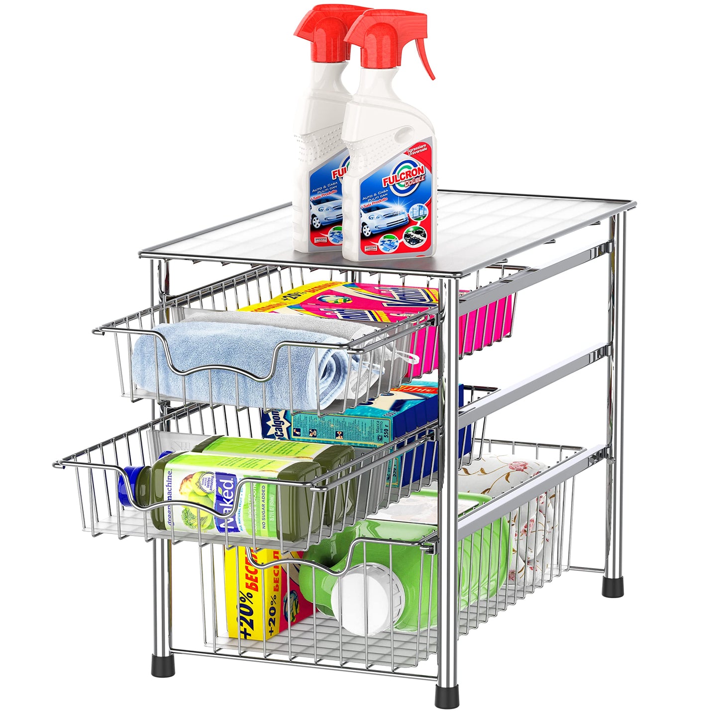 Simple Houseware Stackable 3 Tier Sliding Basket Organizer Drawer, Chrome