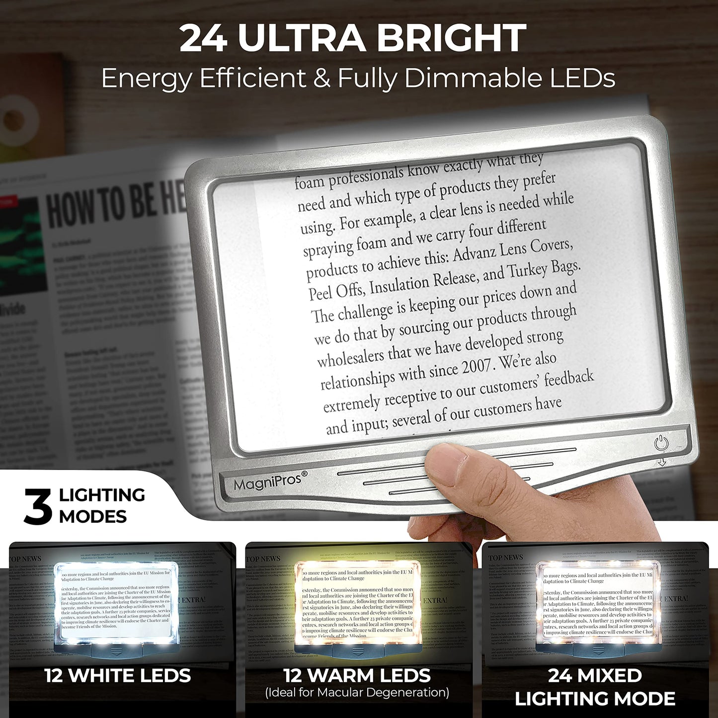 5X Large LED Page Magnifier for Reading with 3 Color Lighting Modes & Anti-Glare Lens