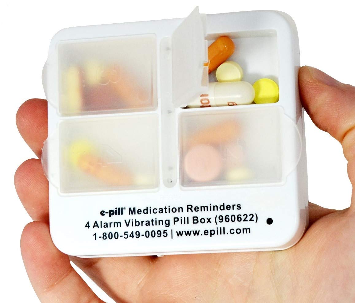 e-Pill 4 Alarm Pocket Pill Organizer and Medicine Pillbox with Pill Reminder - Vibrates and/or Beeps - Fits in Shirt Pocket