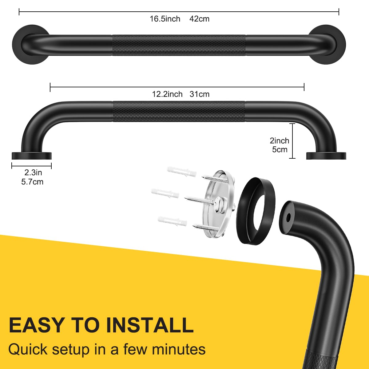 Shower & Bathroom Grab Bar (2 pack, 16'', Stainless Steel, Anti-Slip Knurled Grip)