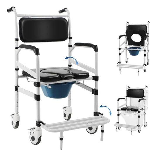 Rolling Shower Chair with Handles Arms, Bedside Commode Chair with Wheels
