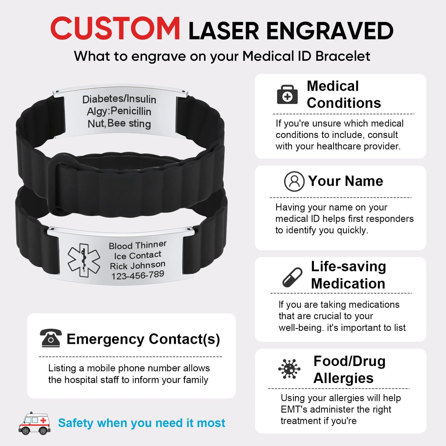 Comfortable Medical ID Bracelet for Men & Women - Custom Engraved