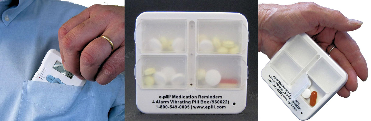 e-Pill 4 Alarm Pocket Pill Organizer and Medicine Pillbox with Pill Reminder - Vibrates and/or Beeps - Fits in Shirt Pocket