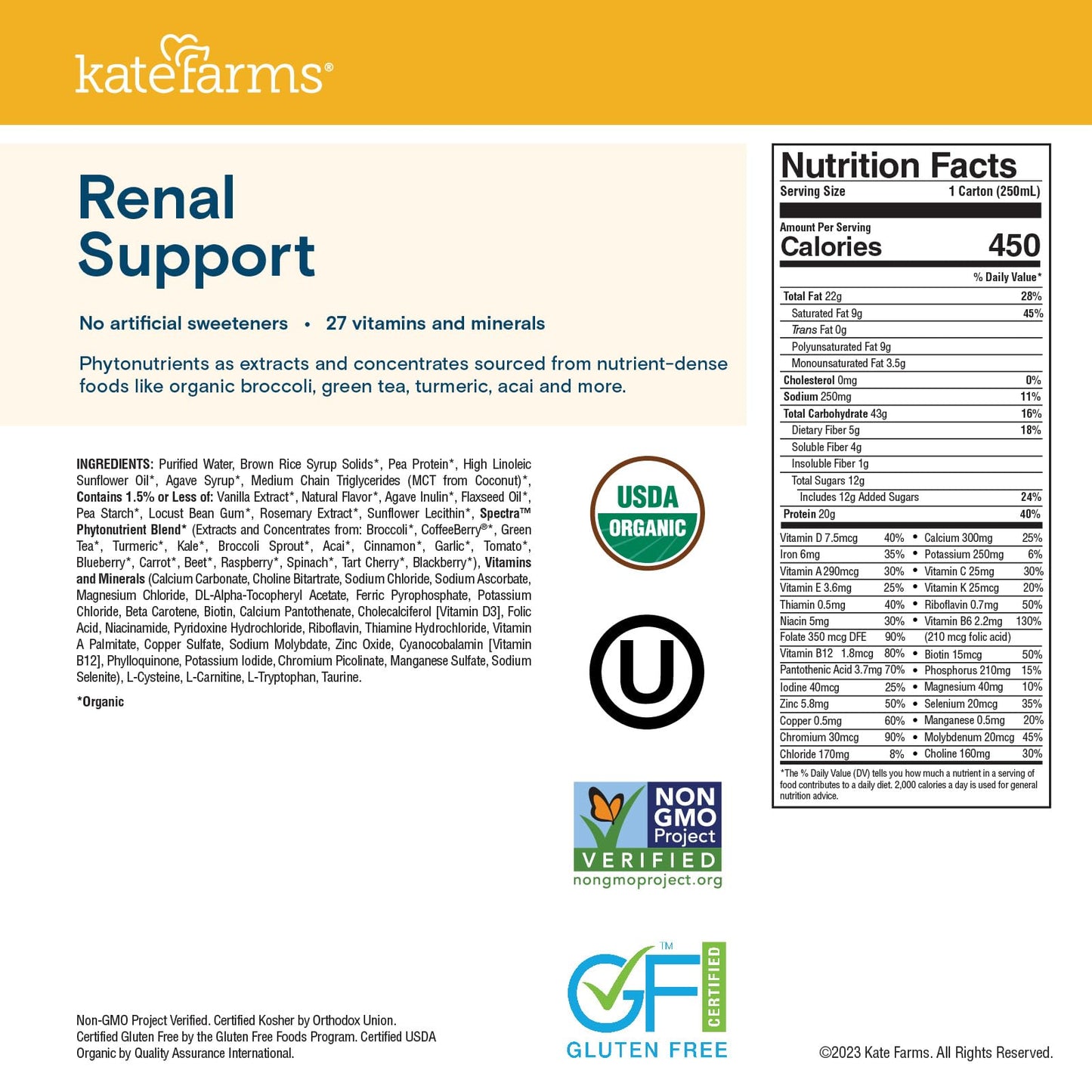 KATE FARMS Organic 1.8 Renal Support Shake, Specialized Dialysis Nutrition Support