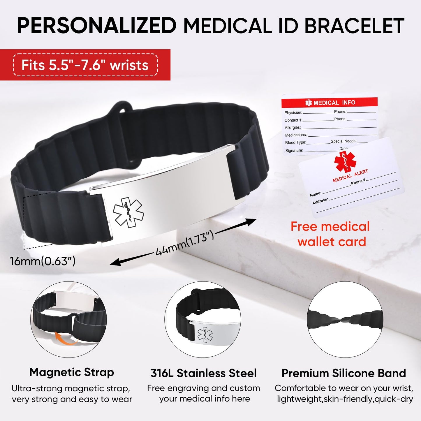 Comfortable Medical ID Bracelet for Men & Women - Custom Engraved