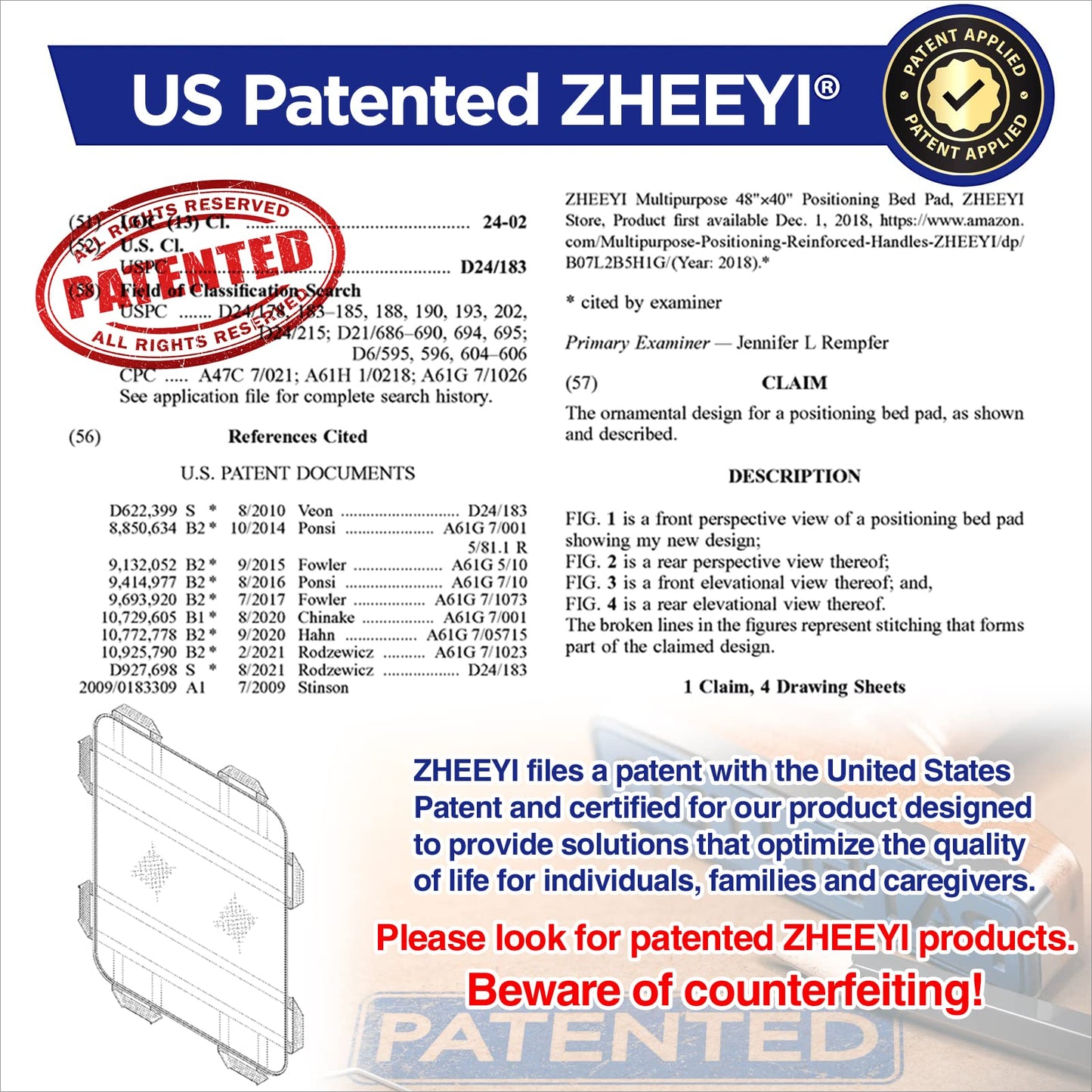 48" x 40" Positioning Bed Pad with Reinforced Handles