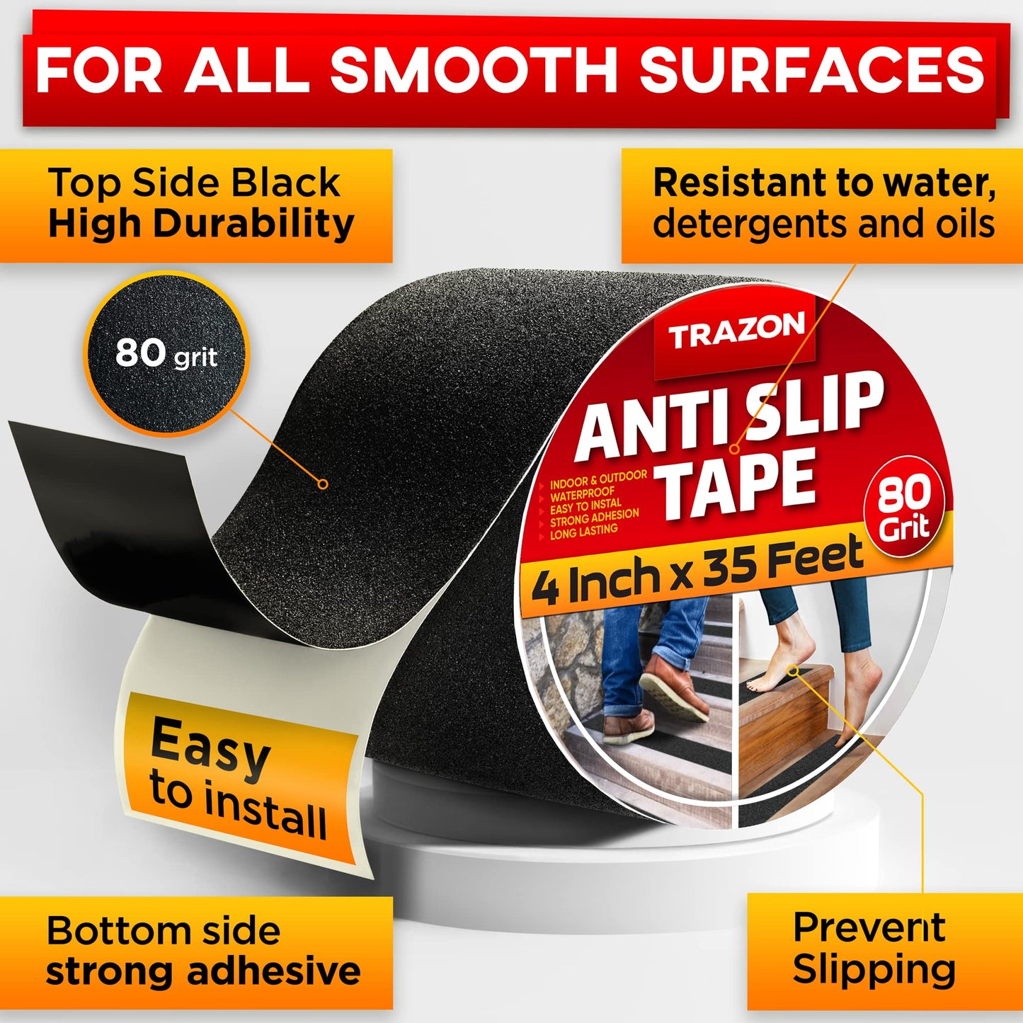 Grip Tape - Heavy Duty Anti Slip Tape for Stairs Outdoor/Indoor Waterproof 4Inch x 35Ft Safety Non Skid Roll Black