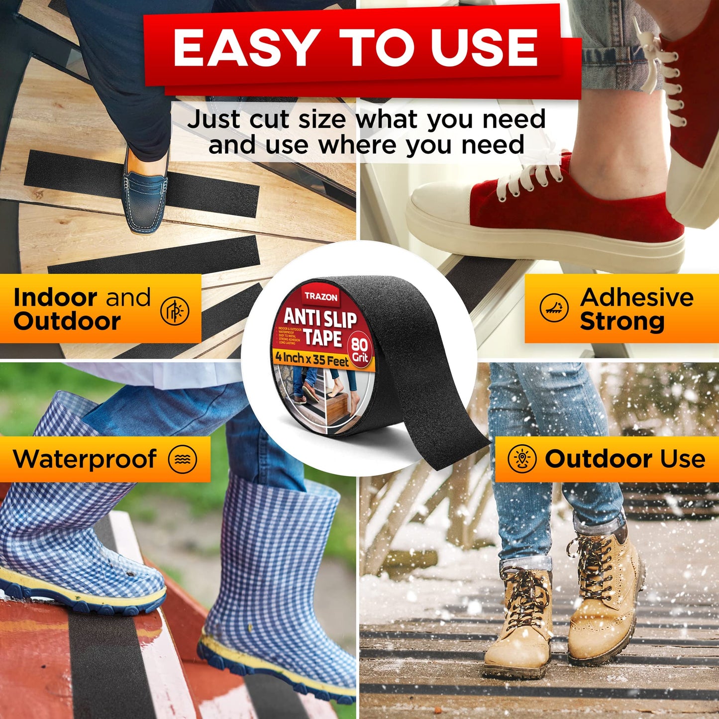 Grip Tape - Heavy Duty Anti Slip Tape for Stairs Outdoor/Indoor Waterproof 4Inch x 35Ft Safety Non Skid Roll Black